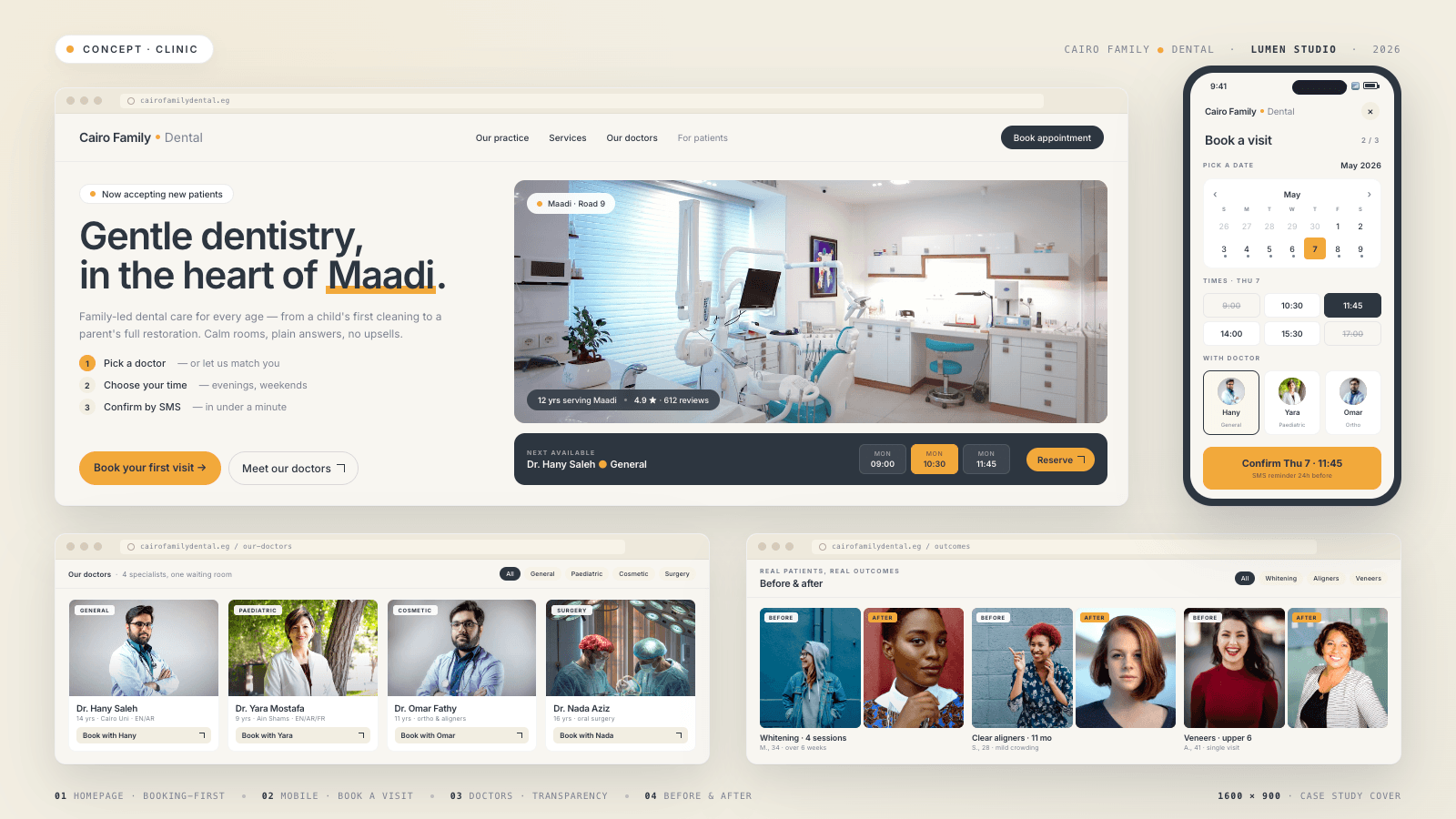 Cairo Family Dental concept: booking-first homepage, mobile visit booking, doctor directory, and before/after outcomes