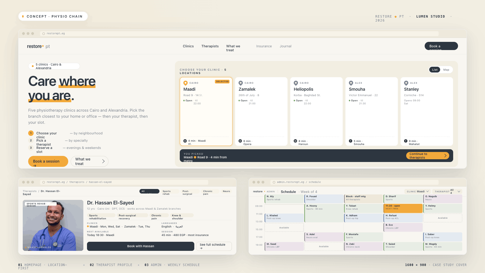 Restore Physio concept: location-aware booking, branch pages with team and hours, therapist directory, and admin schedule view